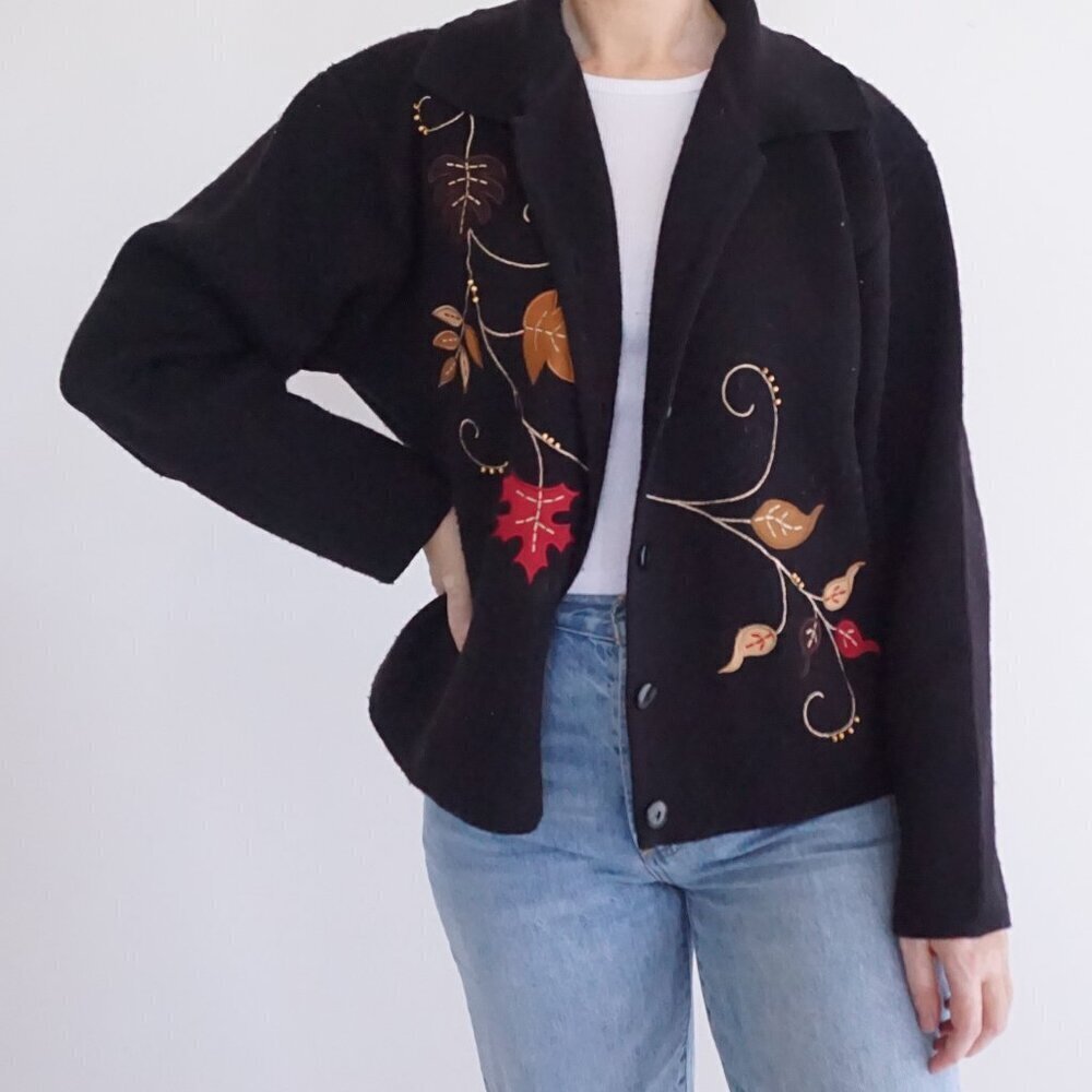 Vintage Crystal Kobe Black Embroidered Harvest Leaves Button Cardigan Sweater L